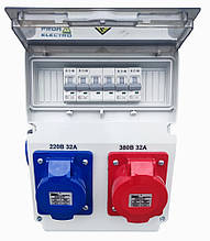 Щит на 10 модулів з розетками 220В-380В 16-32А, з автоматичними вимикачами.