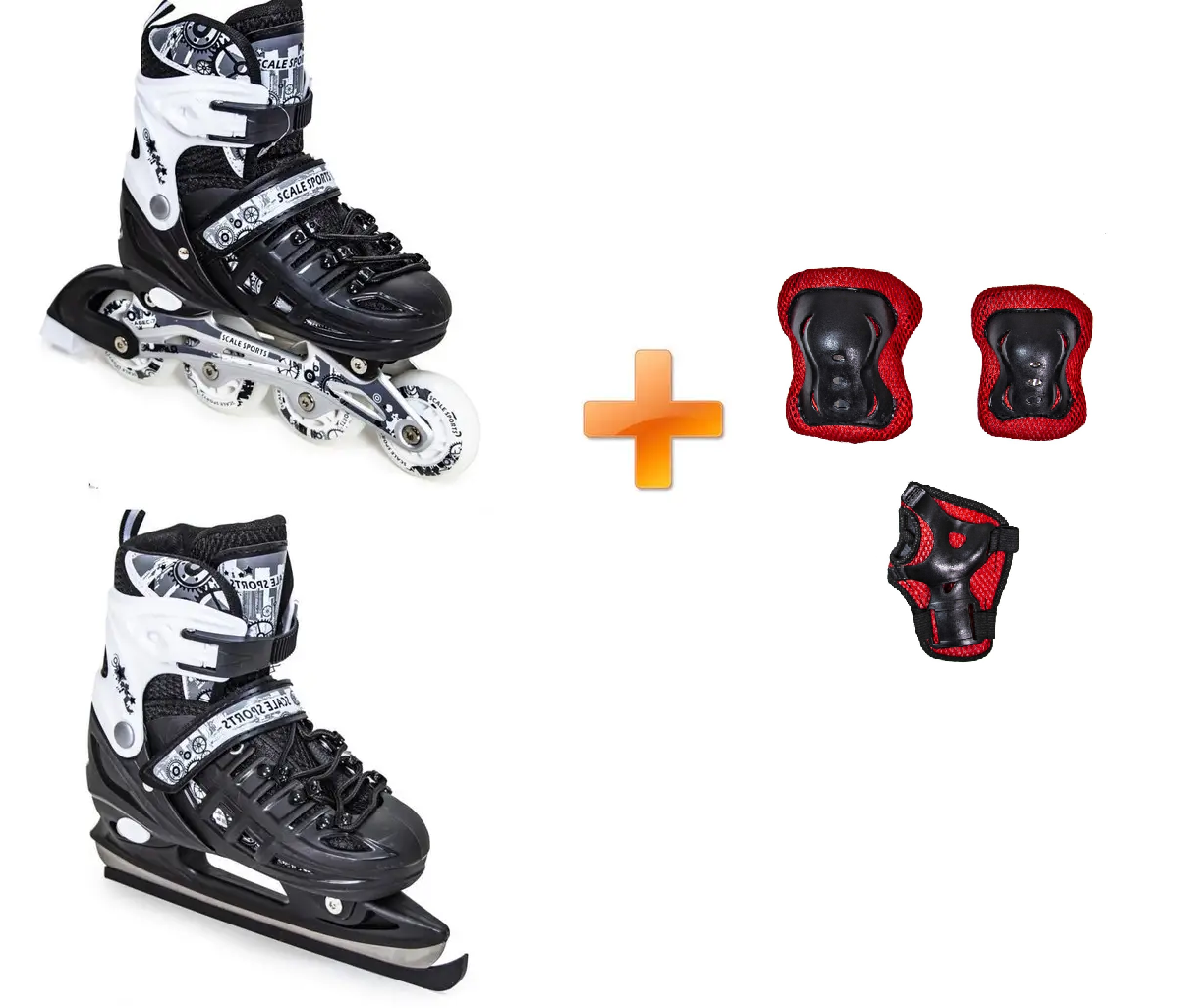 Ролики-ковзани 2-в-1 із захистом (на коліна, лікті та долоні) Scale Sport. Чорні, розмір 38-41