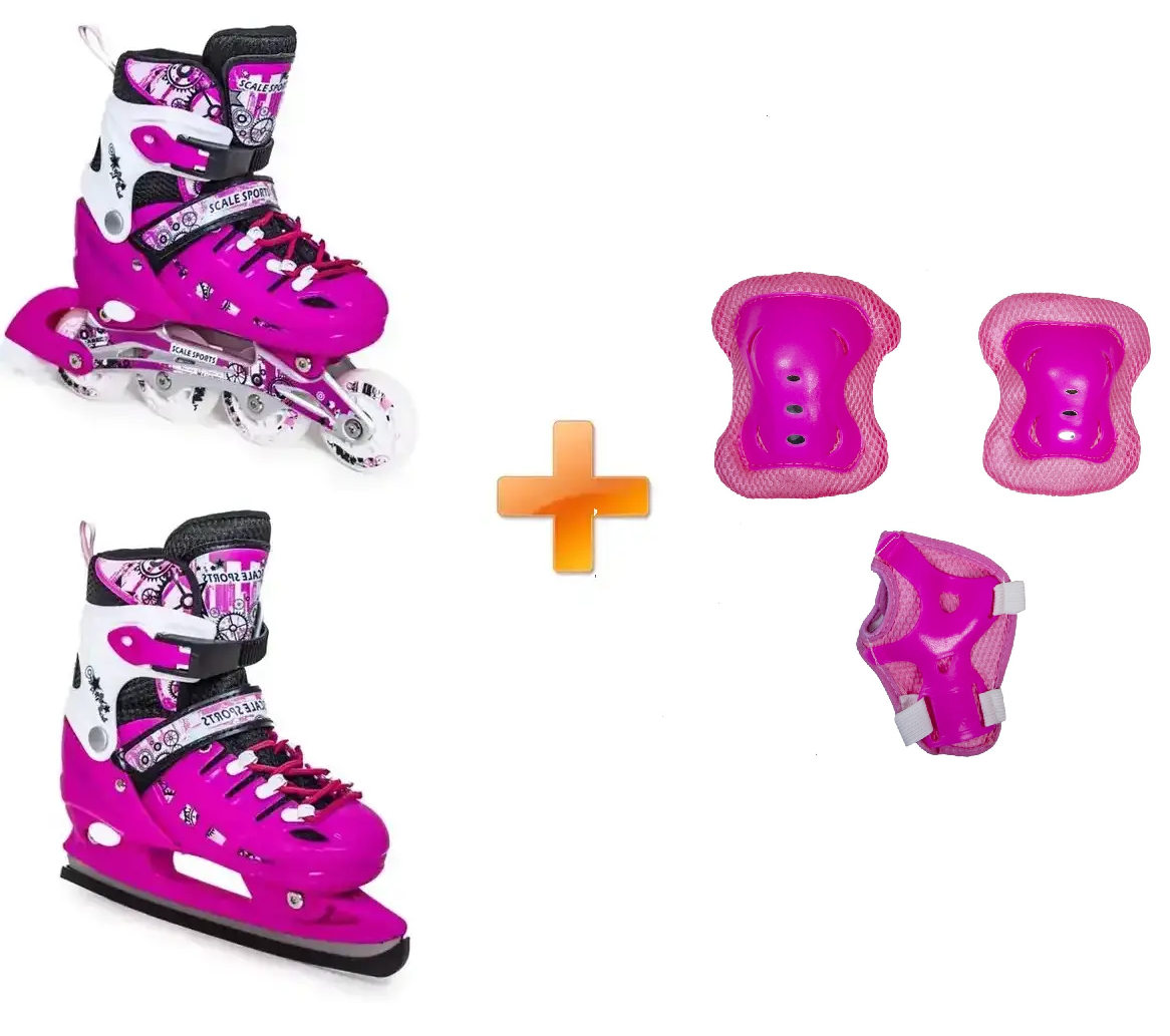 Дитячі ролики-коньки 2-в-1 в комплекті із захистом Scale Sport. Рожеві, розмір 29-33, фото 1