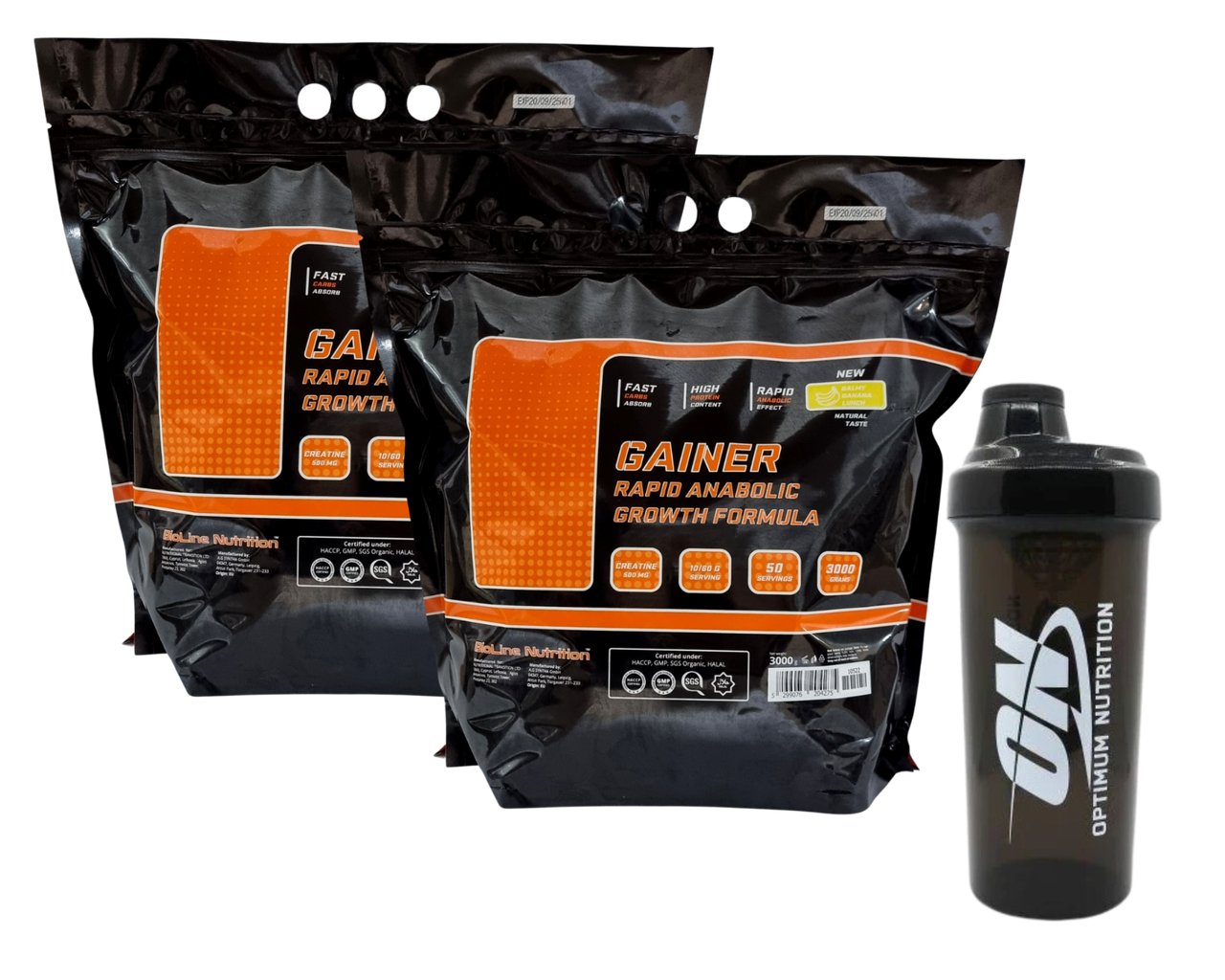 Гейнер Mass (з креатином) Bioline Nutrition 6 кг. Смак банан + Шейкер, фото 1