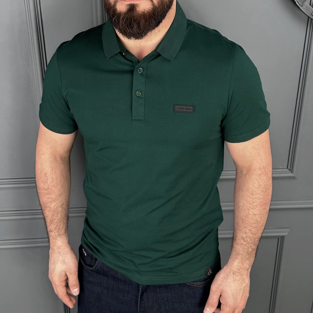 Чоловіча футболка-поло Calvin Klein брендова чоловіча теніска з коміром зелена