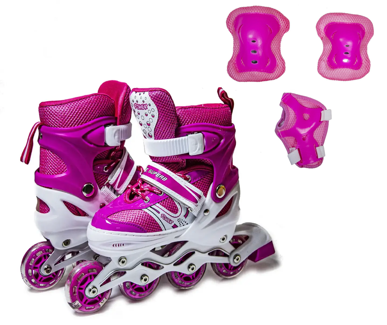 Ролики + наколінники + налокітники + захист на долоні Super Power. Pink. Розмір 38-41