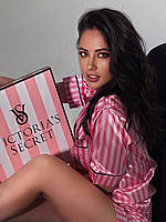Сатиновый комплект пижама рубашка шорты Victoria's Secret Satin Short PJ Set розовая полоска SNM