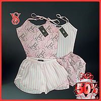 Пижама Виктория Сикрет, комплект майка шорты шелковый Victoria Secret Satin Short PJ Set, сатиновый V