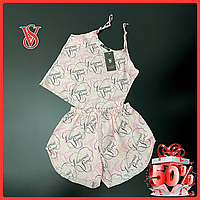 Пижама Виктория Сикрет, комплект майка шорты шелковый Victoria Secret Satin Short PJ Set, сатиновый комплект V