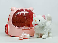 Мягкое интерактивное животное Shantou "Plush pet" котик с розовыми ушками в рюкзаке MC-1058-3