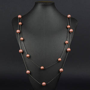 Кольє довге на металевому сріблястому ланцюжку двошарове з коричневими матовими намистинами довжина 85-90 см