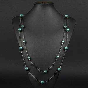 Кольє довге на металевій сріблястій ланцюжку двошарове із зеленими матовими намистинами довжина 85-90 см