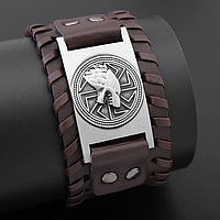 Мужской кожаный браслет-символ ручной работы в скандинавском стиле «Фенрир. Коловрат» VNOX 275*40 мм Темно-коричневый/Серый