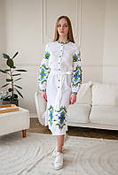 Біла сукня вишиванка FOLK з син/зел вишивкою на ґудзиках з поясом  арт. 4639