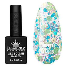 Гель-лак Confetti gel Дизайнер (9 мл) з конфетті різних розмірів Блакитний із салатовим та фіолетовим №535