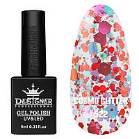 Гель-лак для ногтей Cosmo Glitter Дизайн с разноцветным глиттером разного размера , 9 мл Красный с розовым и голубым №522