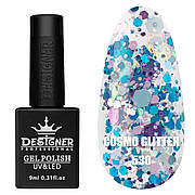 Гель-лак для нігтів Cosmo Glitter Дизайн з різнобарвним гліттером різного розміру , 9 мл Синій з фіолетовим та білим №530