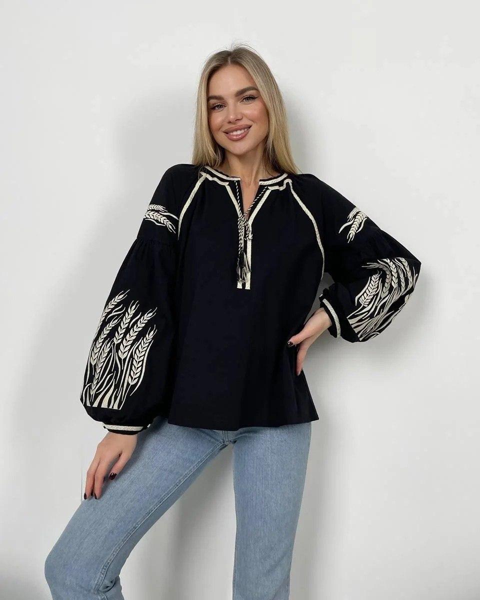 Вишиванка жіноча чорна ESQ 5680, чорна блузка з вишитими білими колоссями, фото 1
