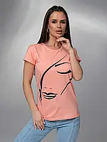 Персиковая хлопковая футболка с силуэтным рисунком, размер L