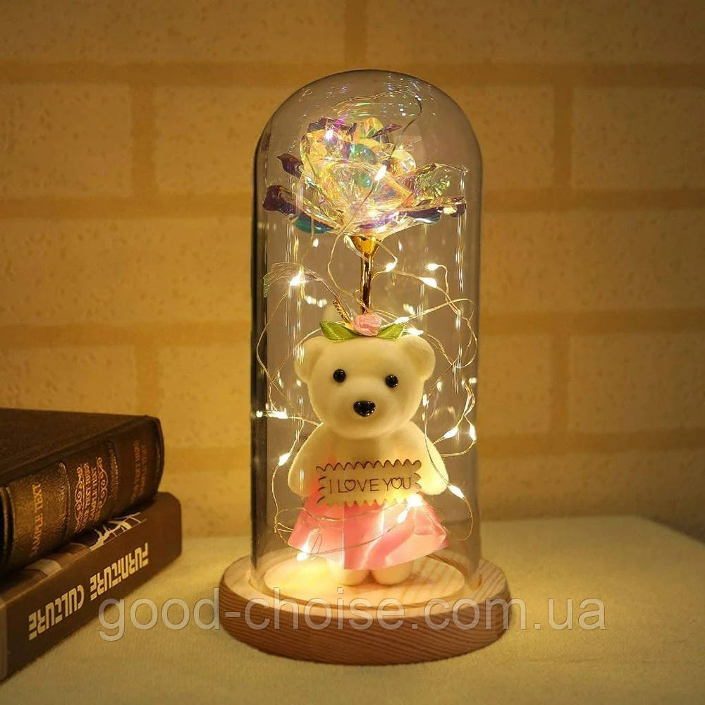 Вічна троянда в колбі з ведмедиком та LED підсвічуванням 21 см, на батарейках / Подарункова троянда / Нічник вічна троянда, фото 1