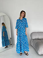Женское свободное модное стильное длинное летнее платье батал цвет голубой р.50