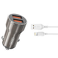 Автомобільний зарядний пристрій + кабель Lightning XO CC48 Smart Metal 2USB, 2.4A grey