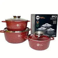 Набір каструль із гранітним антипригарним покриттям Higher Kitchen HK-301, набір посуду 6 предметів червоний JLK