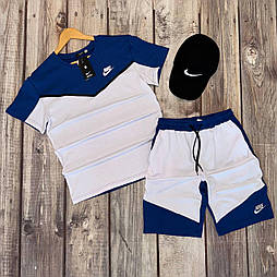 Літній костюм спортивний чоловічий Nike Tech комплект футболка та шорти Туреччина білий з синім. Живе фото