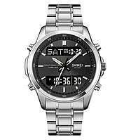 Мужские наручные кварцевые часы Skmei 2049 на стальном браслете (Серебристый с черным табло)