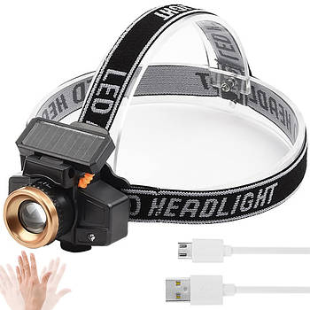 Налобний ліхтар із сонячною панеллю / Акумуляторний ліхтарик на голову / Водонепроникний ліхтарик