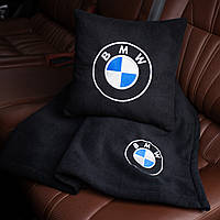 Флисовый комплект 3 пледа и 3 подушки в машину с логотипом авто BMW
