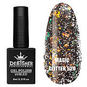 Гель-лак для нігтів Magic glitter Дизайн з пластівцями хамелеон різного розміру, 9 мл Чорний з мідним №520