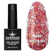 Гель-лак для нігтів Magic glitter Дизайн з пластівцями хамелеон різного розміру, 9 мл Рожевий зі сріблом №521