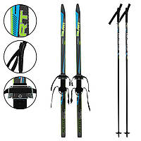 Лыжи беговые подростковые в комплекте с палками Zelart SK-0881-140B цвет черный-синий-желтый sh