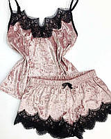 Женский комплект майка и шорты, домашняя одежда, пижама из мраморного велюра розовая