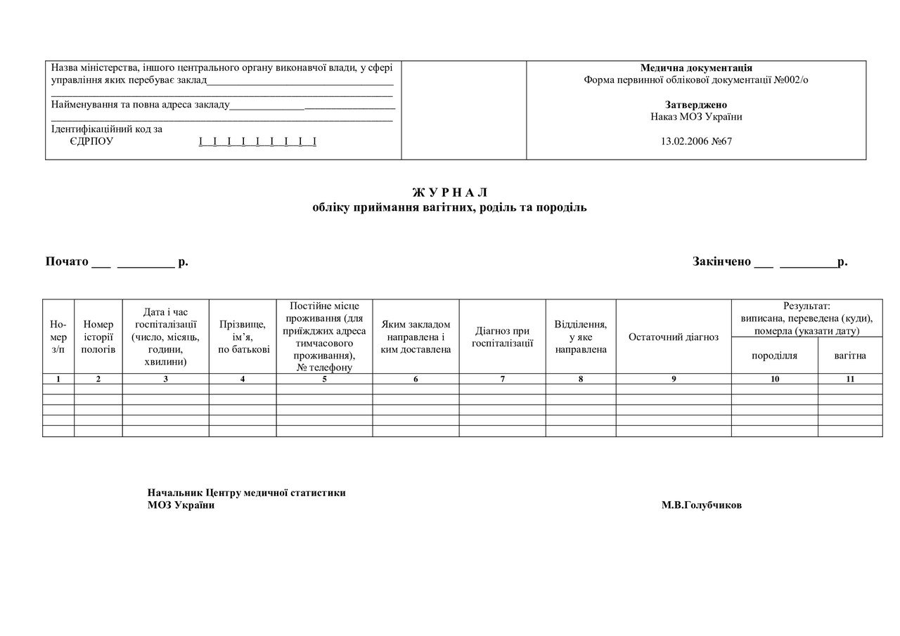 Журнал обліку вагітних, роділь та породіль (№002/о)