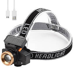 Налобний ліхтар із сонячною батареєю та датчиком руху / Ліхтарик на голову із зумом / LED ліхтар