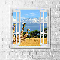 Окно на Африку Вид из окна Жирафы картина Гора Килиманджаро Окно на вулкан Вулкан Килиманджаро Картина жирафы
