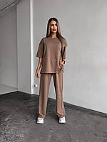 Стильный женский летний прогулочный костюм футболка со спущенным рукавом штаны свободного кроя двунитка Мокко, 42/44