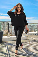 Женский летний брючный костюм больших размеров черный. Блуза и брюки. Размеры 50-52-54 ; 56-58-60