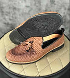 Чоловічі коричневі шкіряні лофери з перфорацією з китицями, Чоловиче мілнєзвуття Туреччина, фото 2