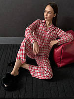 Красивая удобная женская пижама рубашка с длинным рукавом и штаны в клеточку Фланель