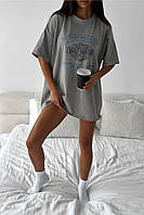 Модная свободная футболка удлиненная оверсайз , невероятно стильная футболка женская серого цвета с принтом