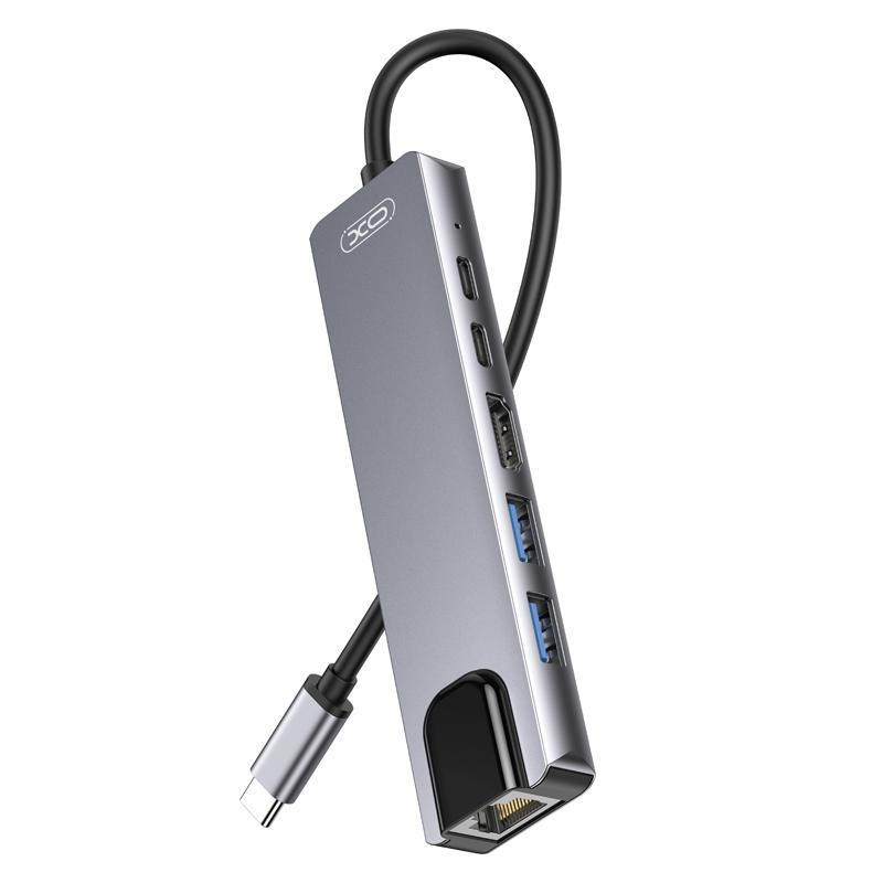 Hub XO HUB013 Type-C |Type-C to HDMI+PD*2+USB*2+LAN 6 in 1 Silver