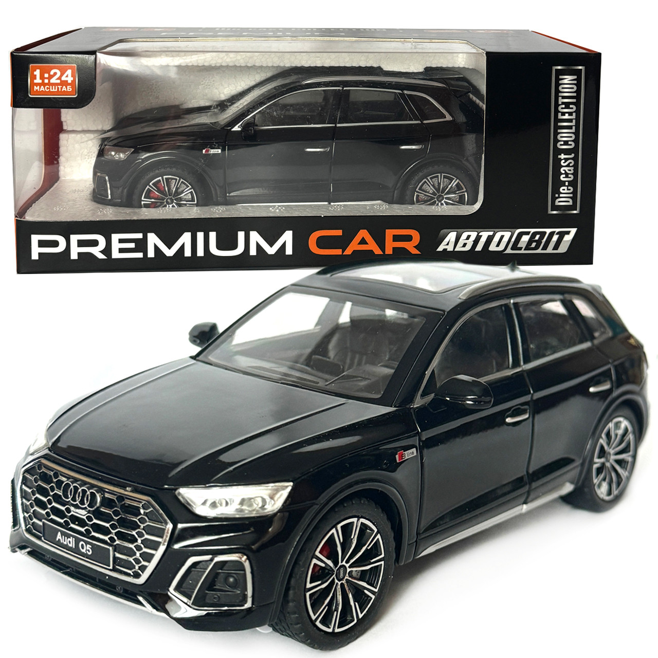 Машинка металева Audi Q5 Ауді чорна 1:24 звук світло інерція відкр двері багажник капот гумові колеса 20*8,5*8см (AP-2014), фото 1