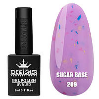 Кольорове базове покриття Sugar base Дизайнер із різнобарвними пластівцями Юки для манікюру, 9 мл. Фіолетовий 209