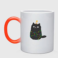 Чашка з принтом хамелеон «Котик удався ялинкою» (колір чашки на вибір)