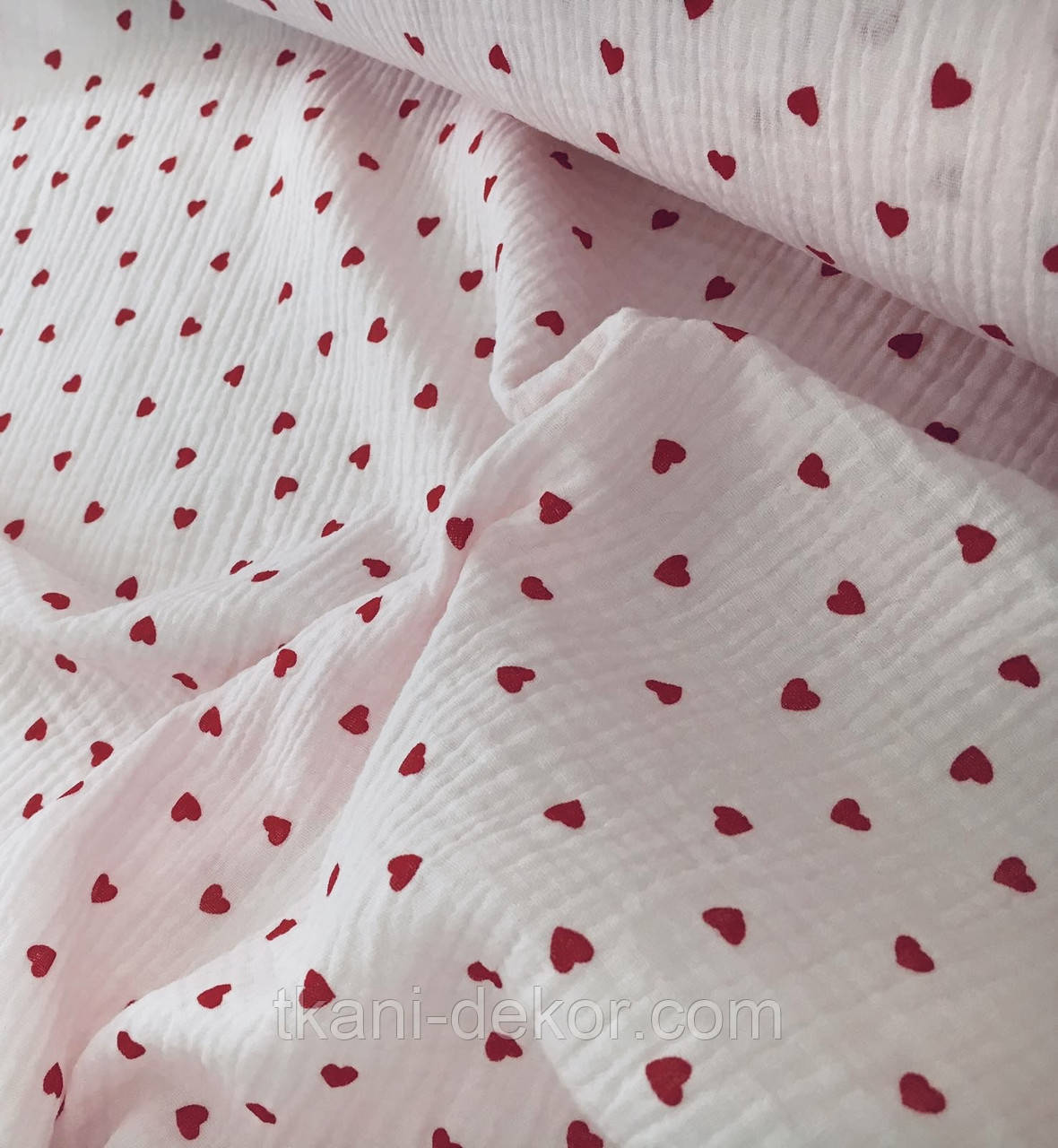Муслін (жатка 1,35 м) дрібні червоні серця на рожевому, 135см, фото 1