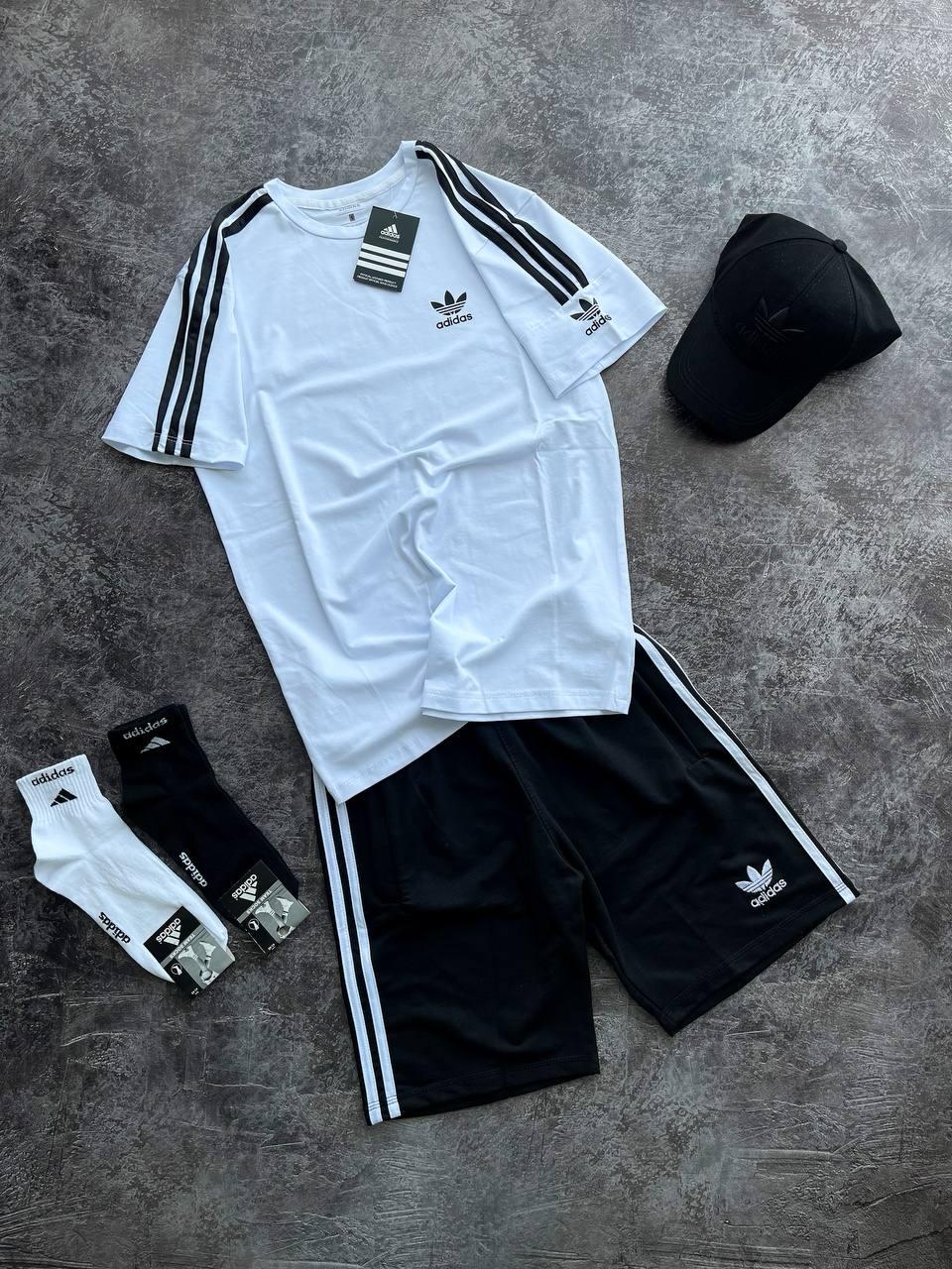 Літній чоловічий спортивний костюм футболка шорти кепка Adidas White чорний бавовна повсякденний костюм Адідас
