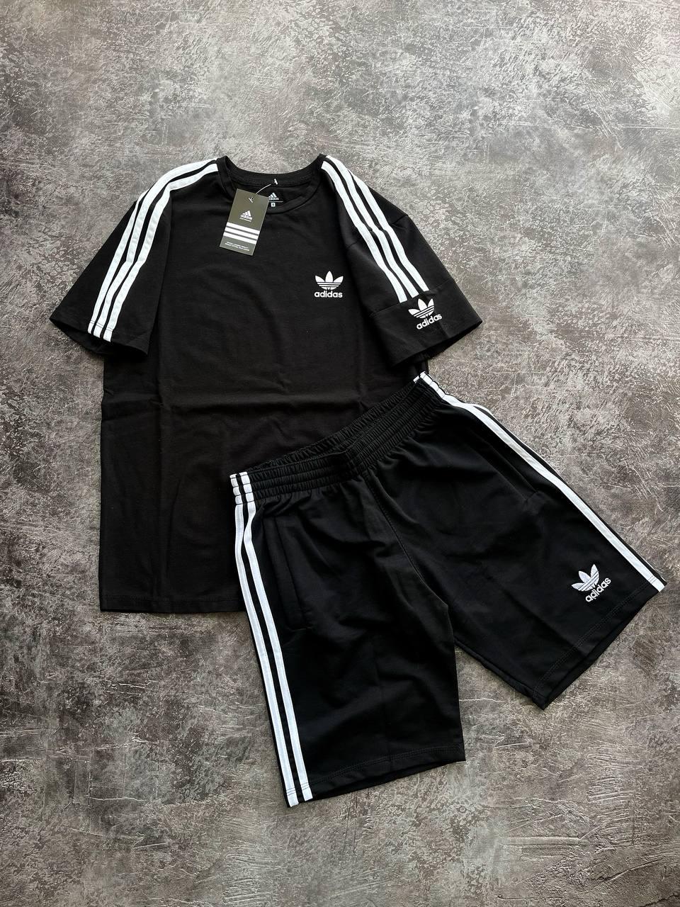 Літній чоловічий спортивний костюм футболка шорти кепка Adidas Black чорна бавовна повсякденний костюм Адідас