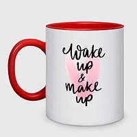 Чашка с принтом двухцветная «Wake up & Make up» (цвет чашки на выбор)