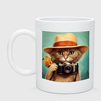 Чашка с принтом керамическая «Кот в соломенной шляпе с фотоаппаратом»