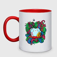 Чашка с принтом двухцветная «Кошечка манеки неко приносящая удачу с орнаментом» (цвет чашки на выбор)