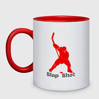 Чашка с принтом двухцветная «Щелчок выстрел - хоккеист» (цвет чашки на выбор)